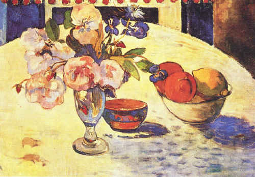 Flowers and a Bowl of Fruit on a Table  4